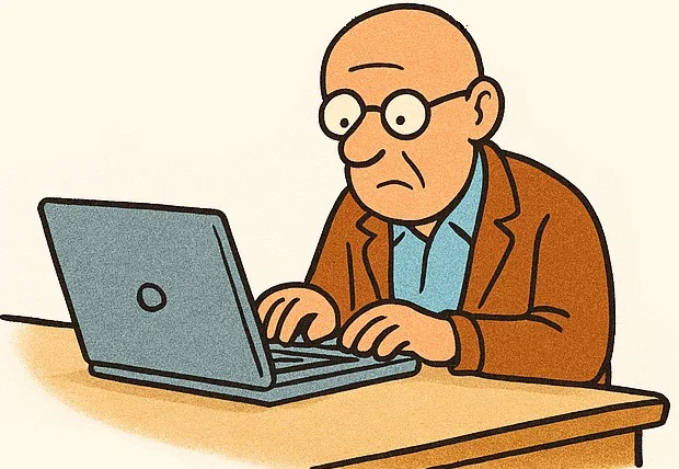 A cartoonist with glasses working at a laptop